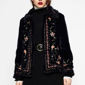 ZARA Embroidered Faux Fur Coat, Size M